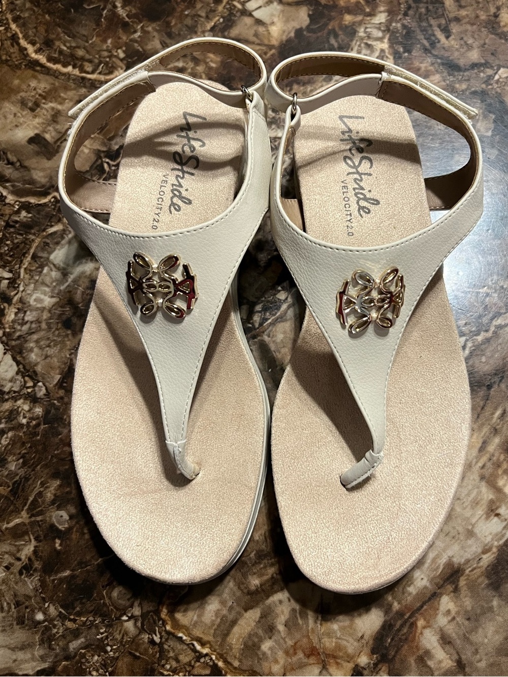 Life Stride Women's Cream T-Strap Sandals with Gold Accent